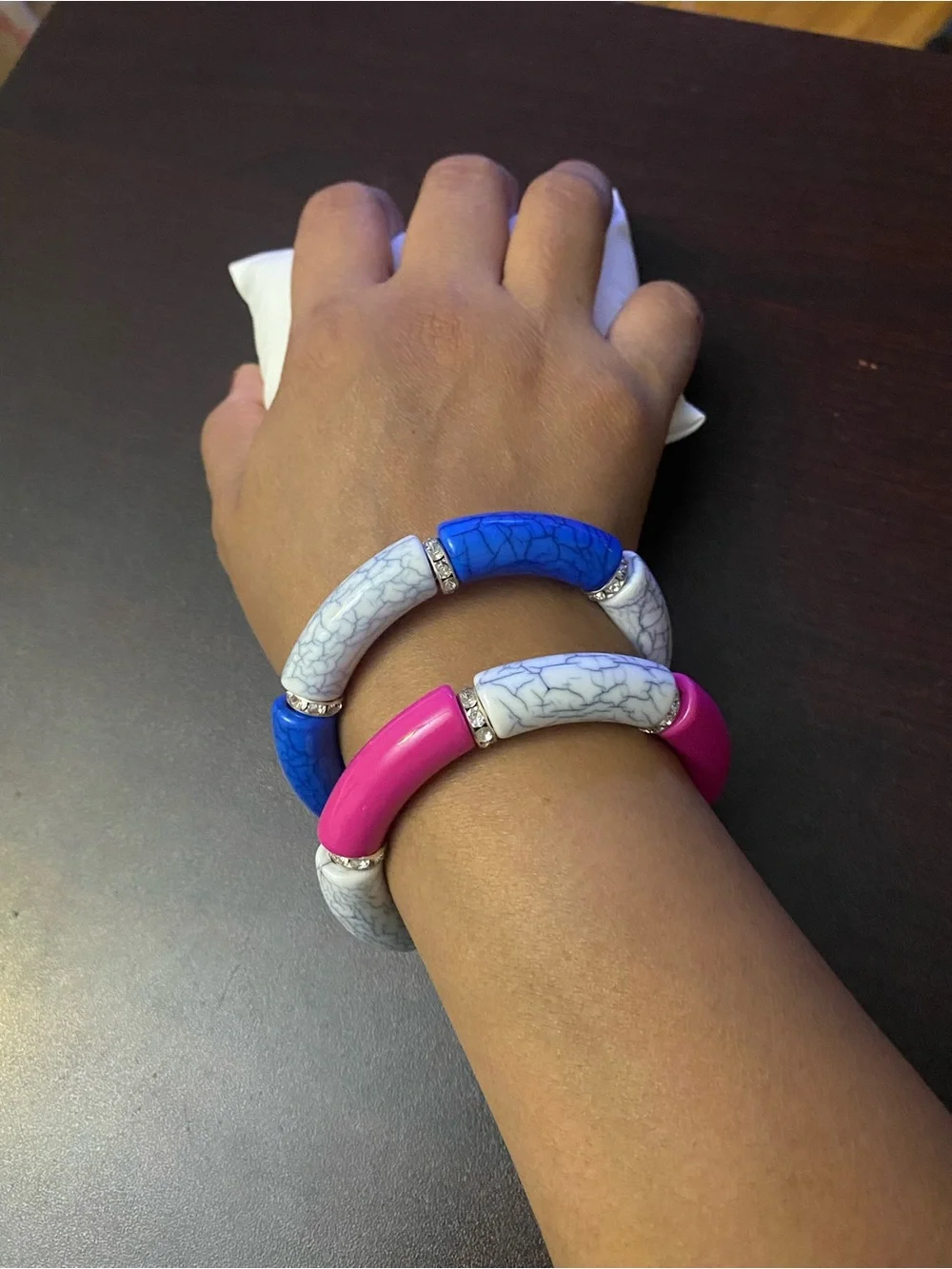 Handmade Bangle Bead Stretch Bracelet Set - Pink, Blue & White